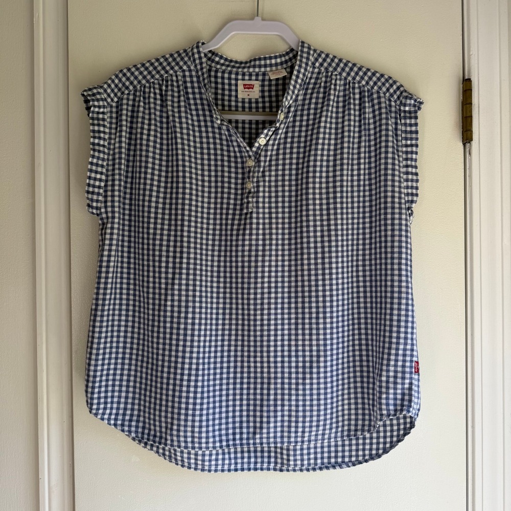 Levis Womens Blue White Gingham Sleeveless Henley Blouse Top A7425-0002 Medium